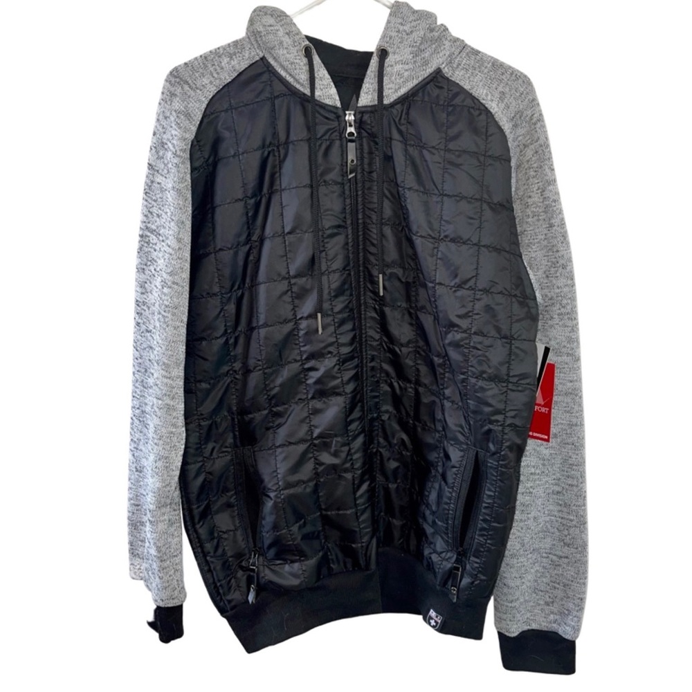 Mens hiking jacket by Montfort, XL NWT black lightweight puffer grey sleeves